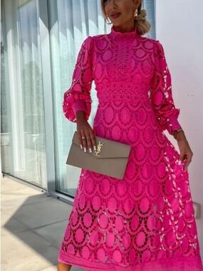 Joyce Elegant Hot Pink Lace Midi Dress with High Neck